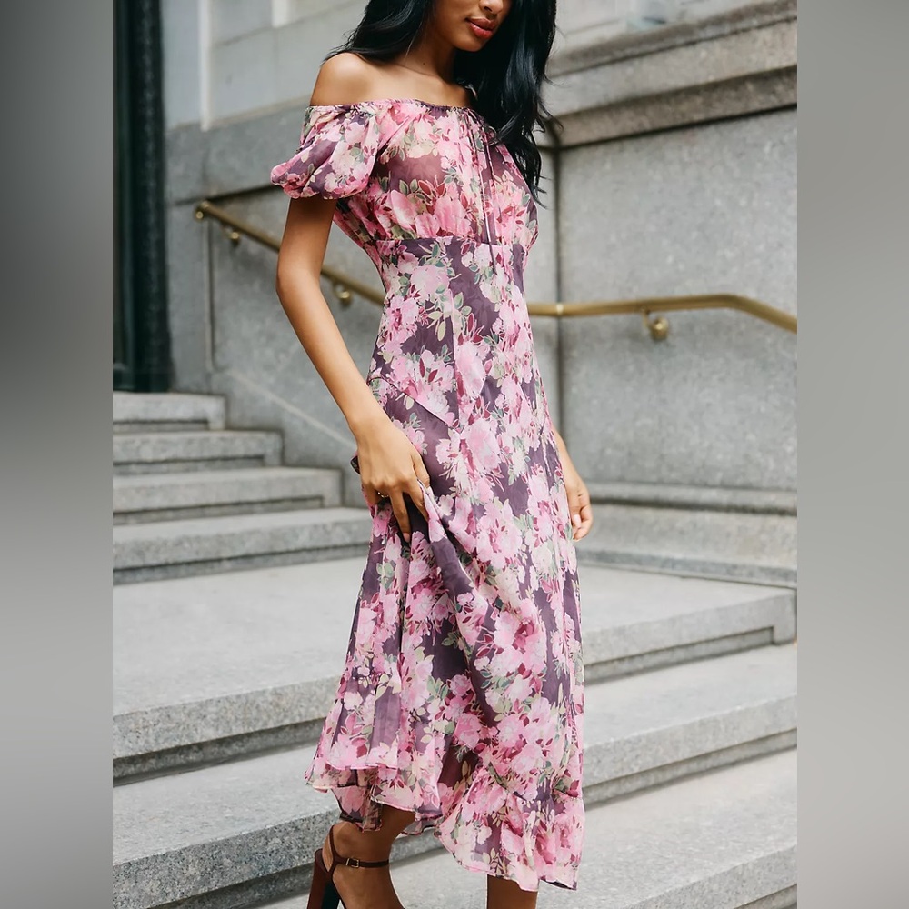 New NWT For Love & Lemons Anthropologie Adelie Puff-Sleeve Midi Dress